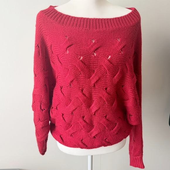 JODIFL Sweaters - Jodifl Sweater S Red Chunky Cable Knit Boat Neck Dolman Sleeve Boho Slouchy